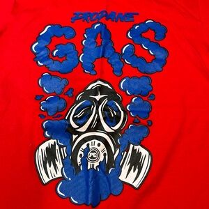 Planet of The Grapes RED GAS MASK MAN T Shirt Y2K blue “PROPANE GAS” funny ART S